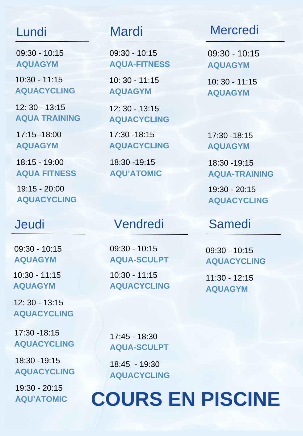 Planning aqugym et aquabike
